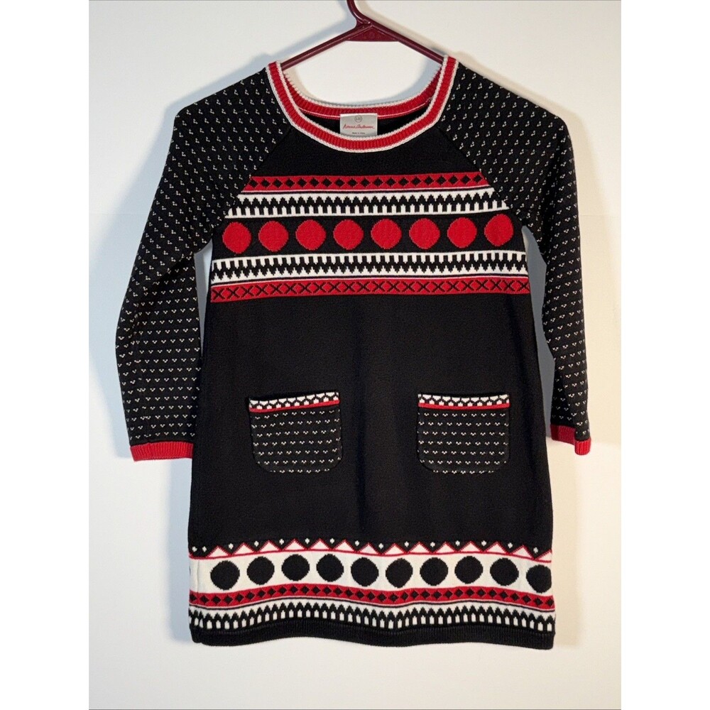Hanna Andersson Black Red White Fair Isle Knit Sweater Dress 120 6/7 EUC Nordic